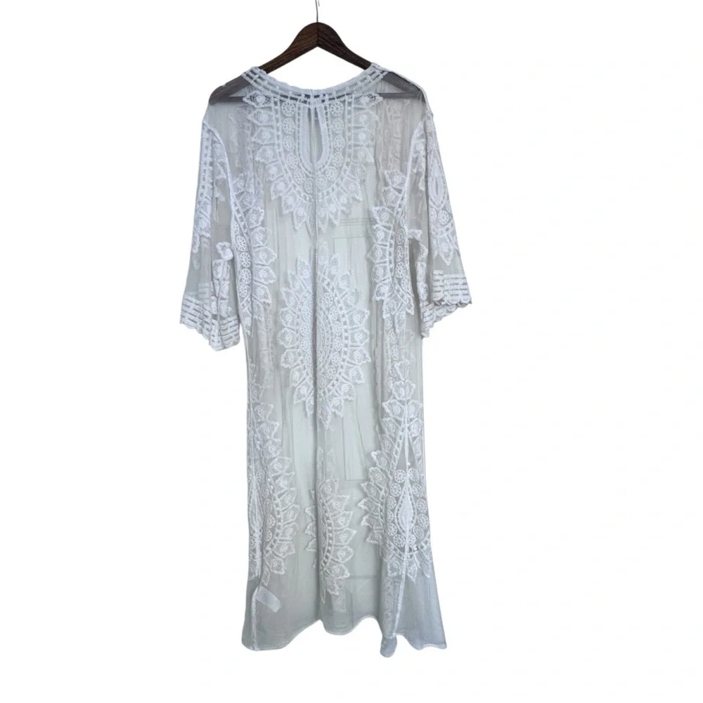 Rachel Zoe Lace Kimono Cover Up Duster White Sheer Bohemian